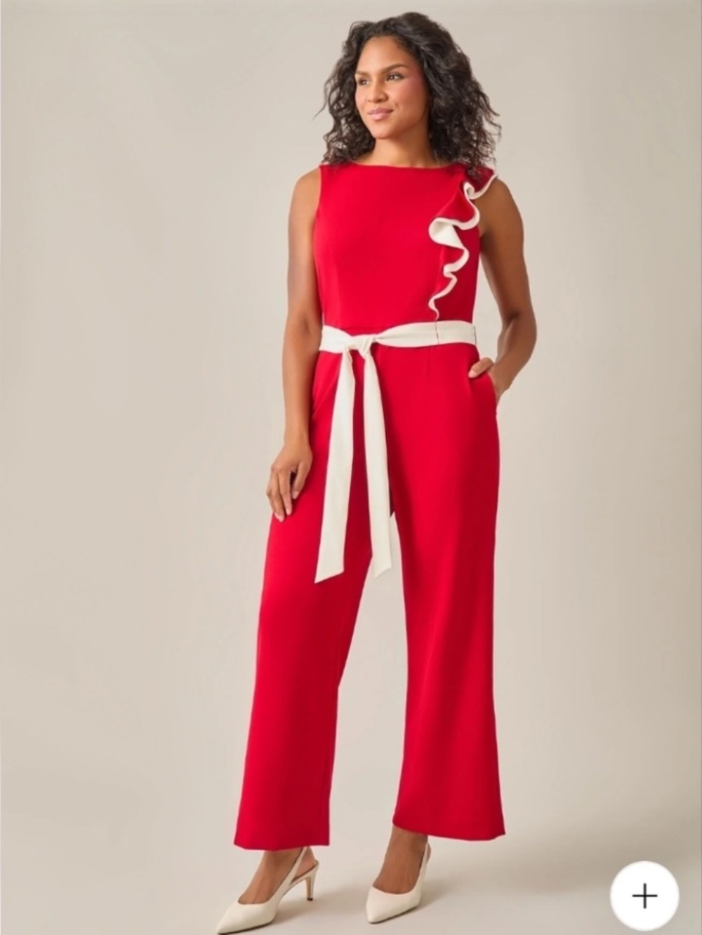 Kasper Ruffle Shoulder Jumpsuit, Crimson & White